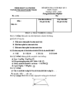 Đề kiểm tra cuối học kỳ 1 môn Toán Lớp 4 - Năm học 2021-2022 (Có đáp án)